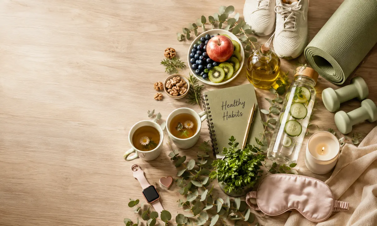 Composición editorial de los 15 hábitos saludables fundamentales sobre una mesa de madera clara: cuaderno «Healthy Habits», cuenco con frutas frescas (manzana, arándanos, kiwi), nueces, aceite de oliva, dos tazas de manzanilla con flores, esterilla verde salvia, zapatillas deportivas, mancuernas, botella de agua con pepino, smartwatch, antifaz de seda y vela encendida
