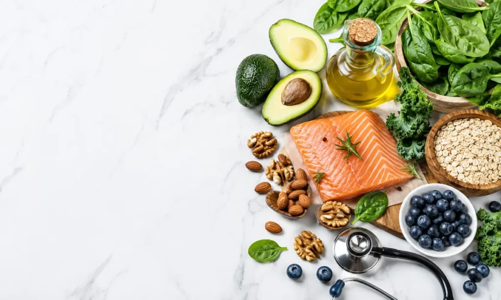 Alimentos para equilibrar el colesterol bueno (HDL) y malo (LDL): aguacate, salmón, nueces, aceite de oliva, avena, espinacas y arándanos junto a un estetoscopio