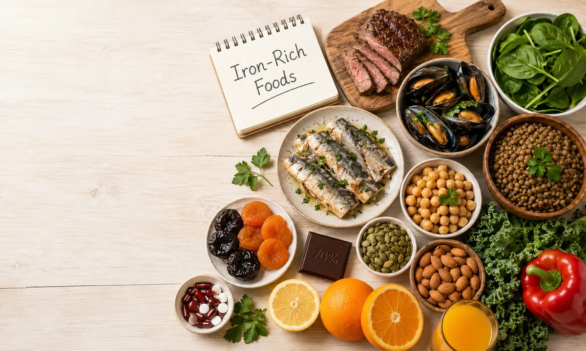 Vista cenital de alimentos ricos en hierro para combatir la anemia en el embarazo: carne roja, mejillones, sardinas, lentejas, garbanzos, espinacas, kale, almendras, semillas de calabaza, ciruelas pasas, orejones, chocolate negro 70%, naranjas, limón, pimiento rojo, zumo de naranja y suplemento de hierro