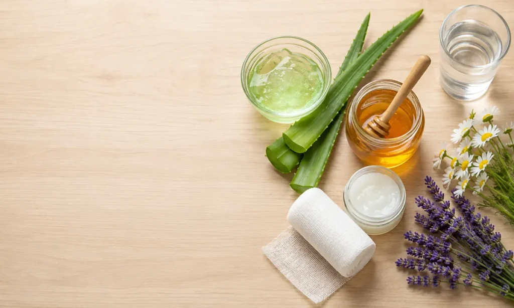 Remedios caseros para las quemaduras: gel de aloe vera, miel, vaselina, gasa estéril, agua, manzanilla y lavanda sobre superficie de madera clara