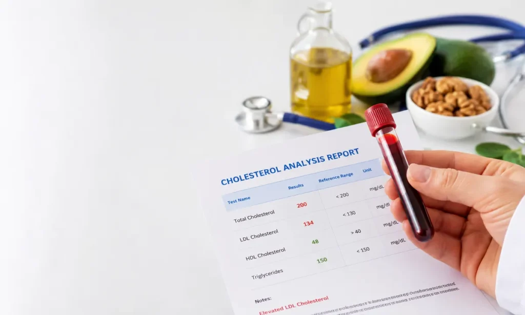 Análisis de sangre con resultados de colesterol alto: informe que muestra LDL elevado, tubo de muestra de sangre, estetoscopio, aguacate, nueces y aceite de oliva