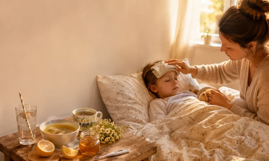 Madre cuidando a niño con fiebre en cama con paño tibio en la frente, junto a mesilla con caldo, miel, limones, agua y termómetro — remedios caseros para la fiebre