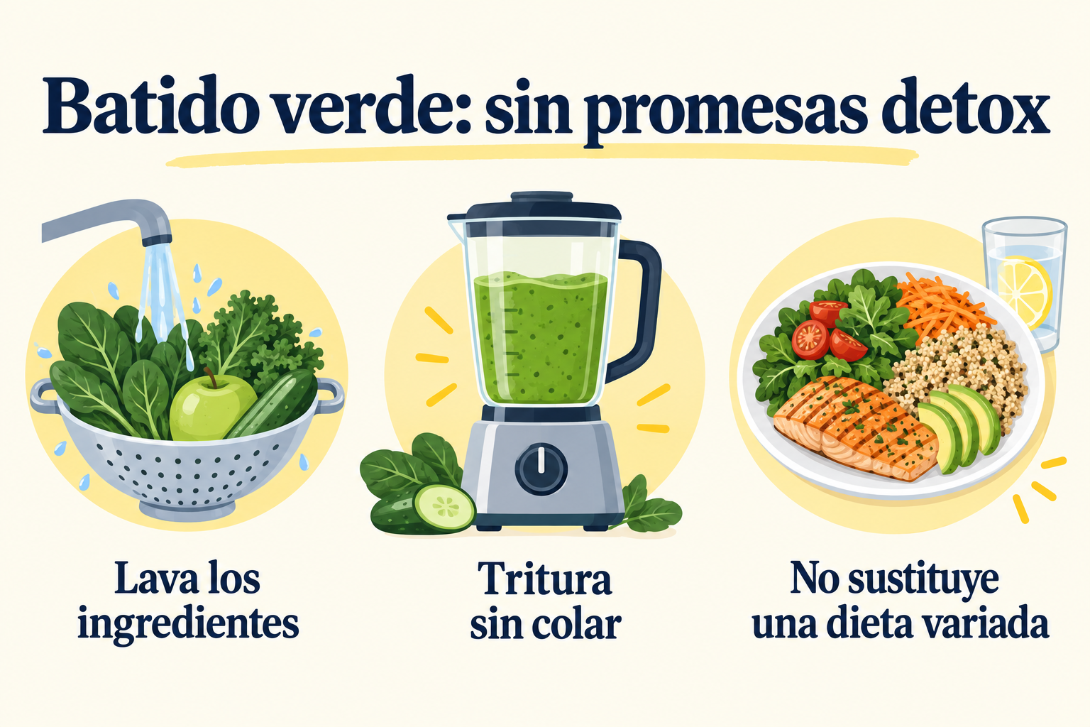 Preparación del batido verde: higiene, triturado sin colar y dieta variada