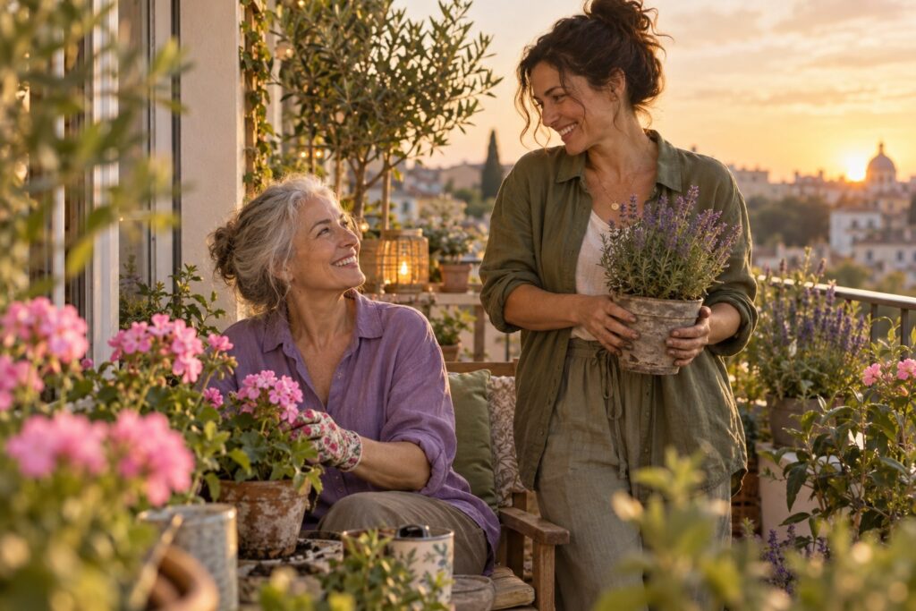 Dos amigas cuidando plantas en un balcón al atardecer