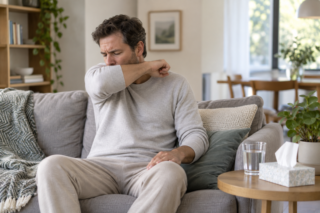 Hombre descansando en casa y cubriéndose con el codo al toser