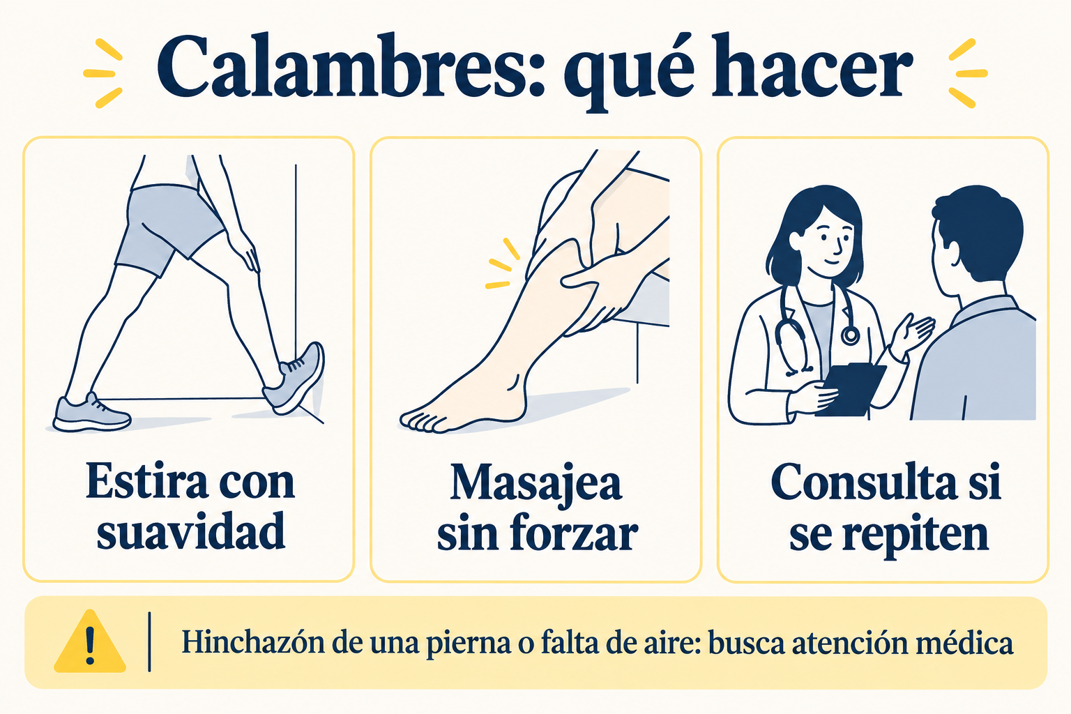 Tres pautas ante calambres: estirar, masajear suavemente y consultar si se repiten