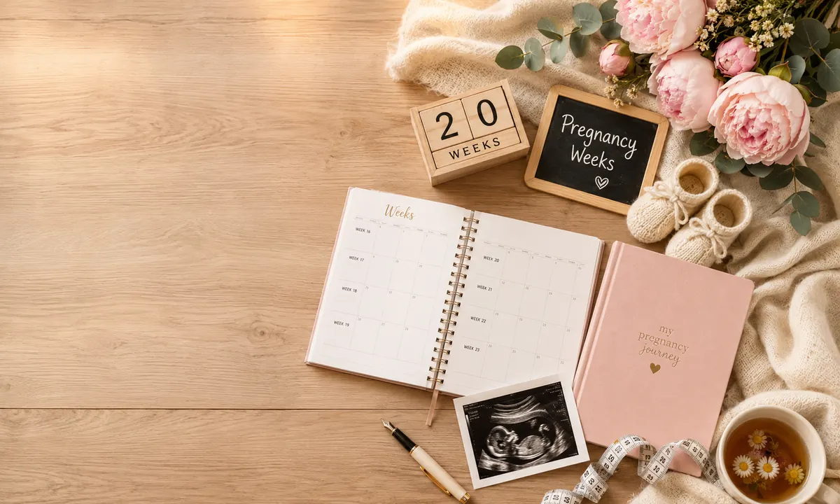 Vista cenital de un escritorio con calendario de semanas de embarazo, un bloque de madera marcando «20 WEEKS», un diario rosa de embarazo, una foto de ecografía, cinta métrica, peonías rosas, botines tejidos y una taza de manzanilla