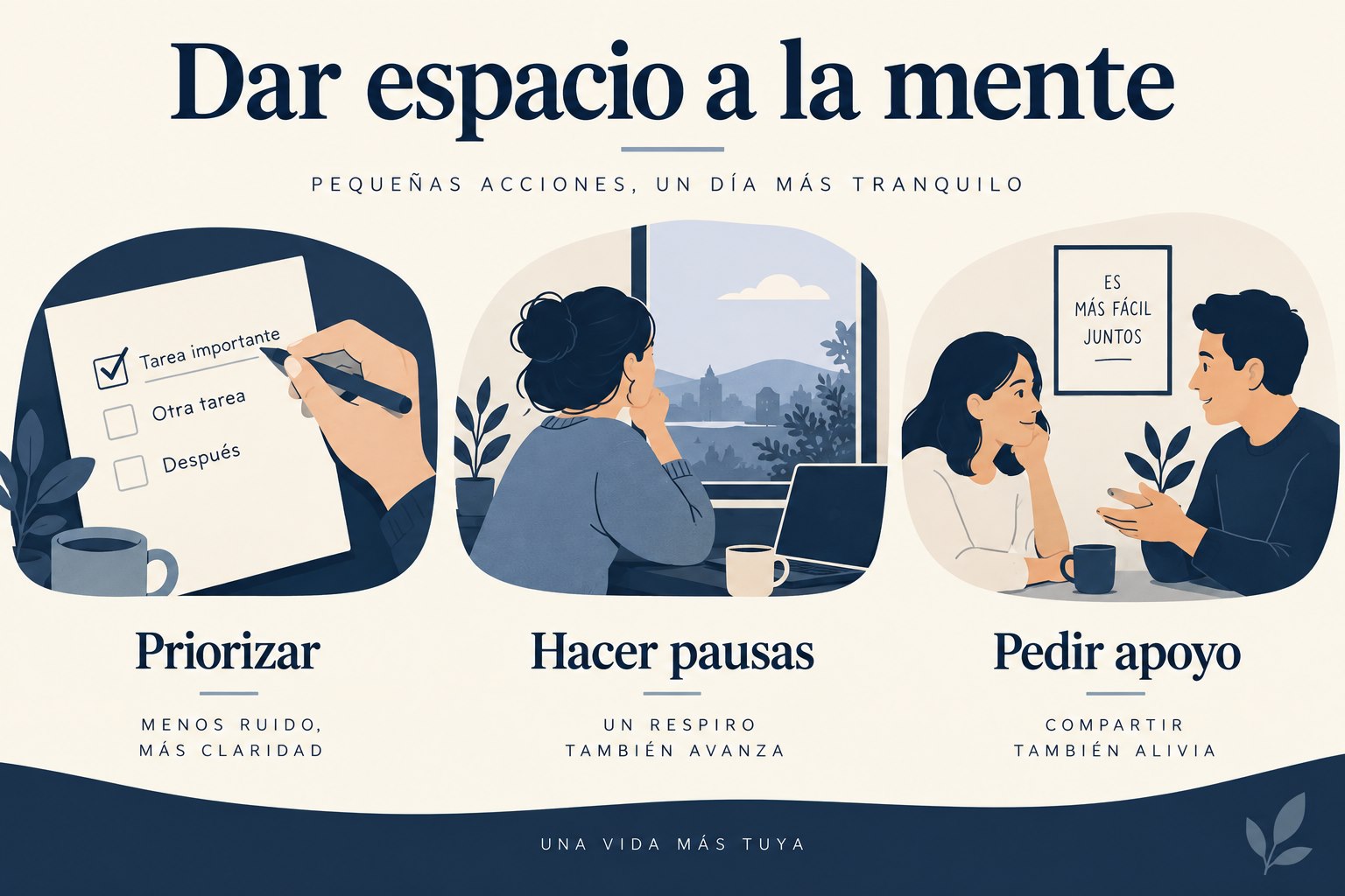 Tres maneras de dar espacio a la mente: priorizar, hacer pausas y pedir apoyo