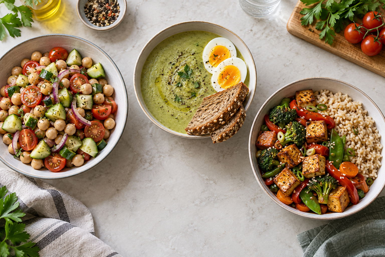 Tres ideas de cena: ensalada de garbanzos, crema de verduras con huevo y tostada, y tofu con verduras y arroz