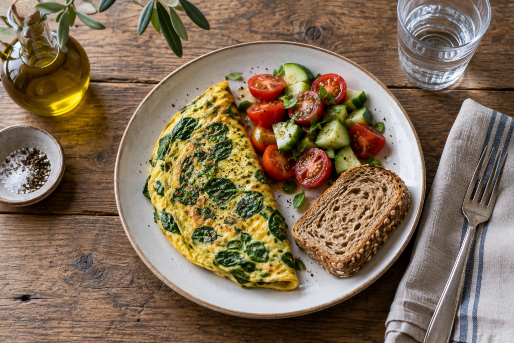 Tortilla de espinacas con ensalada de tomate y pepino, pan integral y agua