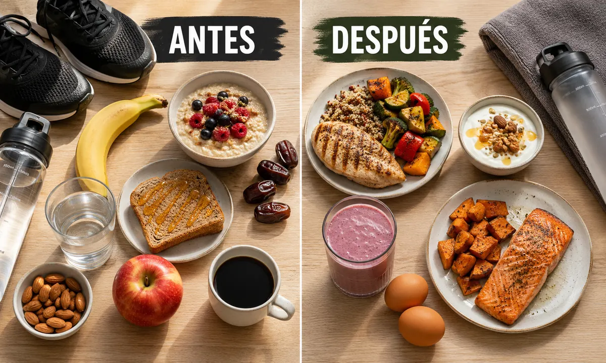Comparación de alimentos antes y después de entrenar: avena, plátano, dátiles, café y agua antes; pollo, salmón, quinoa, yogur griego, batido y huevos después