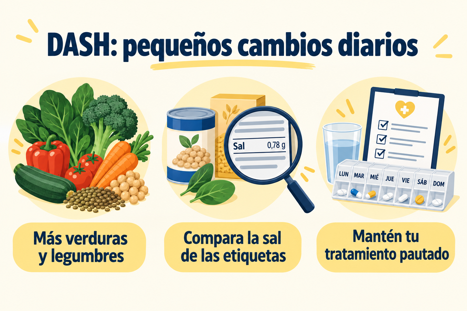 Hábitos DASH: alimentos vegetales, lectura de etiquetas y tratamiento pautado