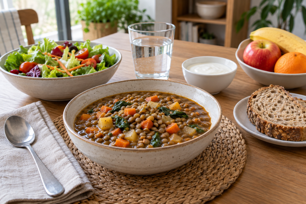 Lentejas con verduras, ensalada, pan integral, yogur natural y fruta para un menú DASH