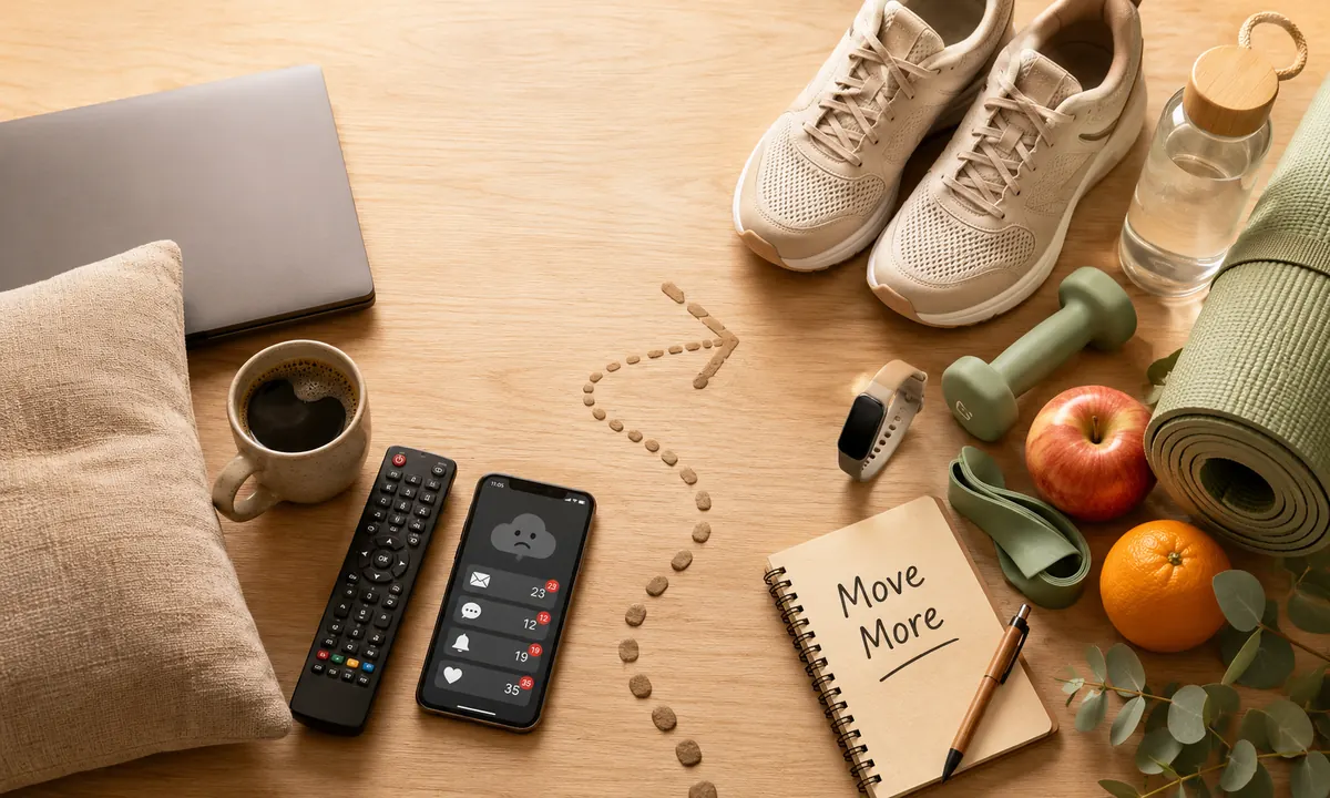 Composición conceptual contrastando el sedentarismo (portátil, mando de TV, smartphone con notificaciones, cojín) con la vida activa (zapatillas deportivas, smartwatch, mancuerna, banda elástica, esterilla de yoga, frutas) conectados por una flecha que indica la transición «Move More»