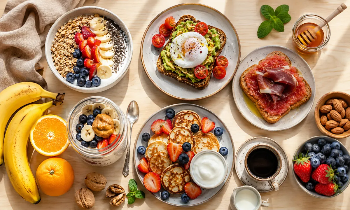Vista cenital con 5 ideas de desayuno saludable: bowl de yogur con avena y frutos rojos, tostada con aguacate y huevo poché, tostada con tomate y jamón ibérico, overnight oats con plátano, tortitas de avena con frutas y café