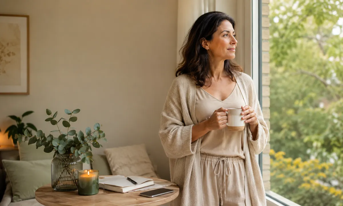 Mujer de unos 40 años haciendo una pausa consciente junto a la ventana de su casa, sosteniendo una taza de tisana con ambas manos, mirando un jardín verde, con su móvil boca abajo sobre la mesa (digital detox), un cuaderno abierto, una vela encendida y eucalipto fresco — escena de autocuidado para combatir el cansancio mental