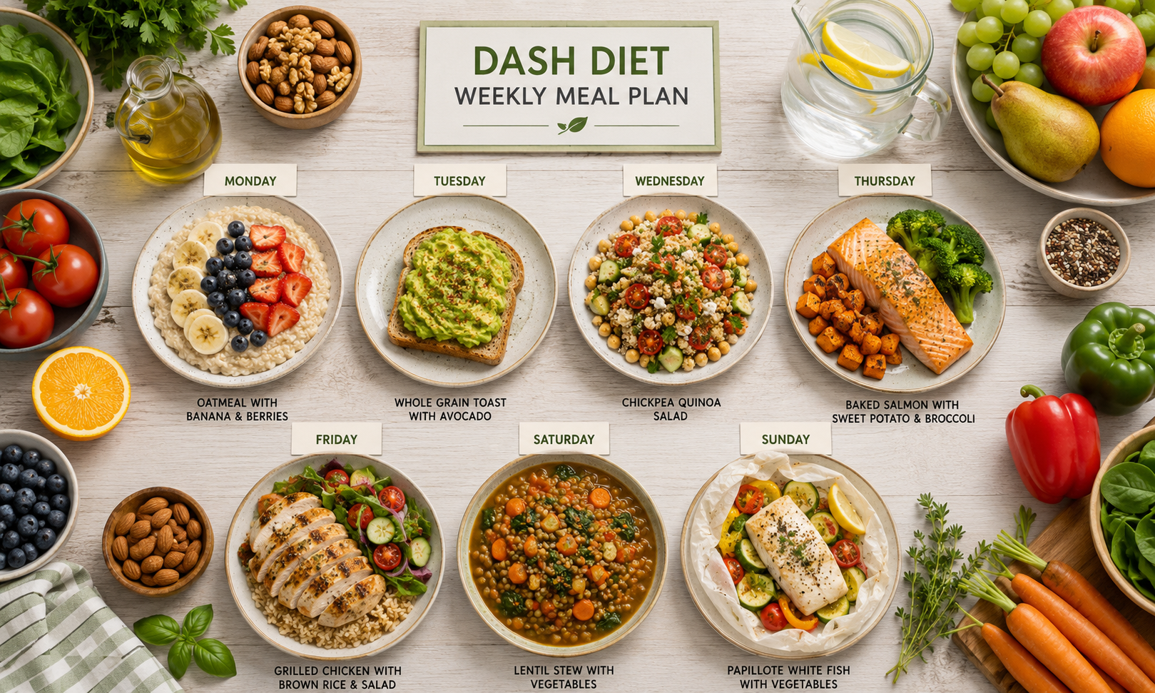 Menú semanal completo de la dieta DASH con 7 platos: avena con frutos rojos, tostada con aguacate, ensalada de quinoa, salmón con boniato, pollo con arroz, lentejas con verduras y pescado al papillote