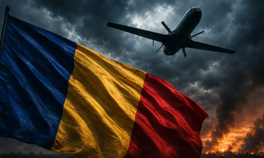 Bandera de Rumanía ondeando bajo un cielo de tormenta con la silueta de un dron militar sobrevolándola; al fondo, humo y fuego