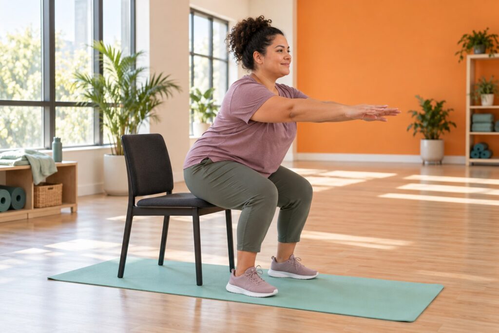Mujer practicando una sentadilla hacia una silla estable sobre una esterilla