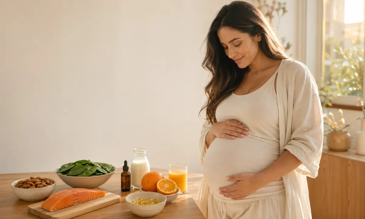 Mujer embarazada con tripa visible sosteniendo su barriga con ambas manos en una cocina luminosa con alimentos ricos en vitaminas para el embarazo: salmón, espinacas, almendras, naranjas, leche, zumo de naranja y cápsulas de omega-3 y vitamina D