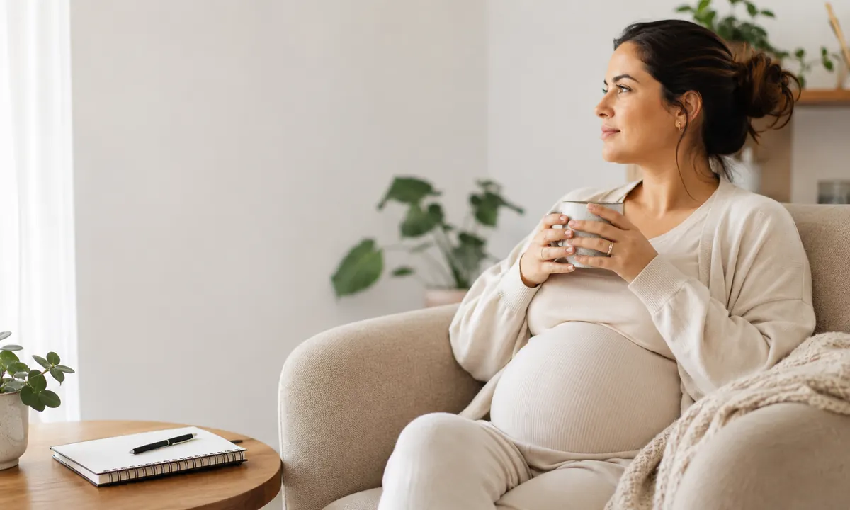 Mujer embarazada sentada serenamente en un sillón junto a una ventana sosteniendo una taza de infusión con ambas manos, en un ambiente cálido y luminoso del hogar, con un cuaderno cercano