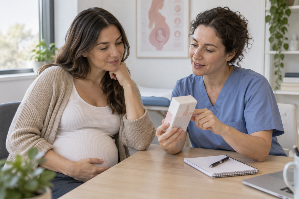 Embarazada revisando un suplemento prenatal con su matrona