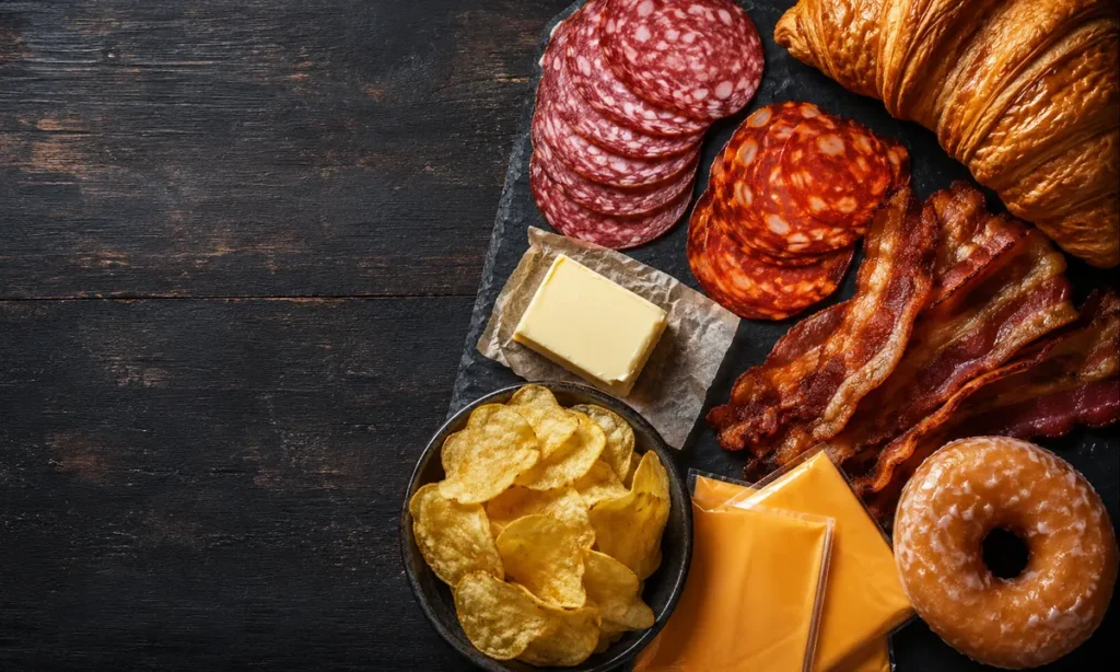 Alimentos que suben el colesterol: salami, chorizo, beicon, mantequilla, croissant, donut, queso procesado y patatas chips sobre fondo de madera oscura