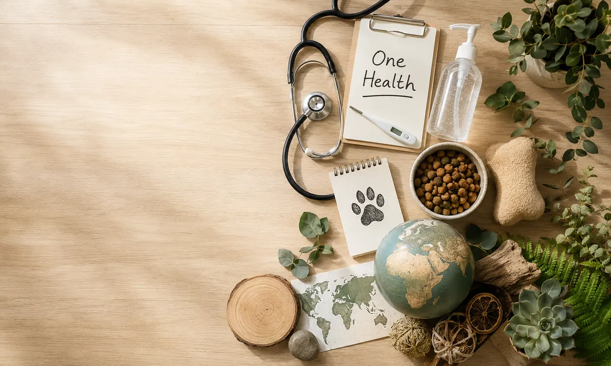Composición conceptual del enfoque «One Health» (Una Salud) que integra salud humana (estetoscopio, termómetro, gel desinfectante), salud animal (cuaderno con huella, pienso, hueso) y salud ambiental (globo terráqueo, mapa, plantas, tronco) sobre una mesa de madera clara