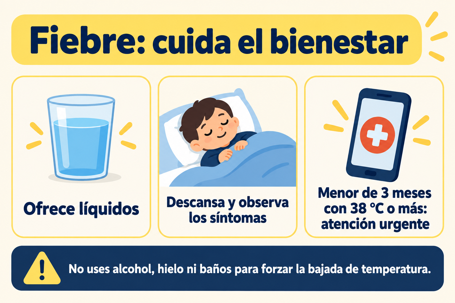 Cuidados de la fiebre: líquidos, observación y atención urgente en menores de tres meses con 38 grados o más