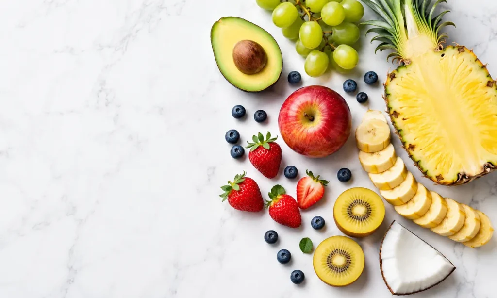 Aguacate, uvas, manzana, plátano, fresas, arándanos, piña, kiwi y coco sobre una superficie clara