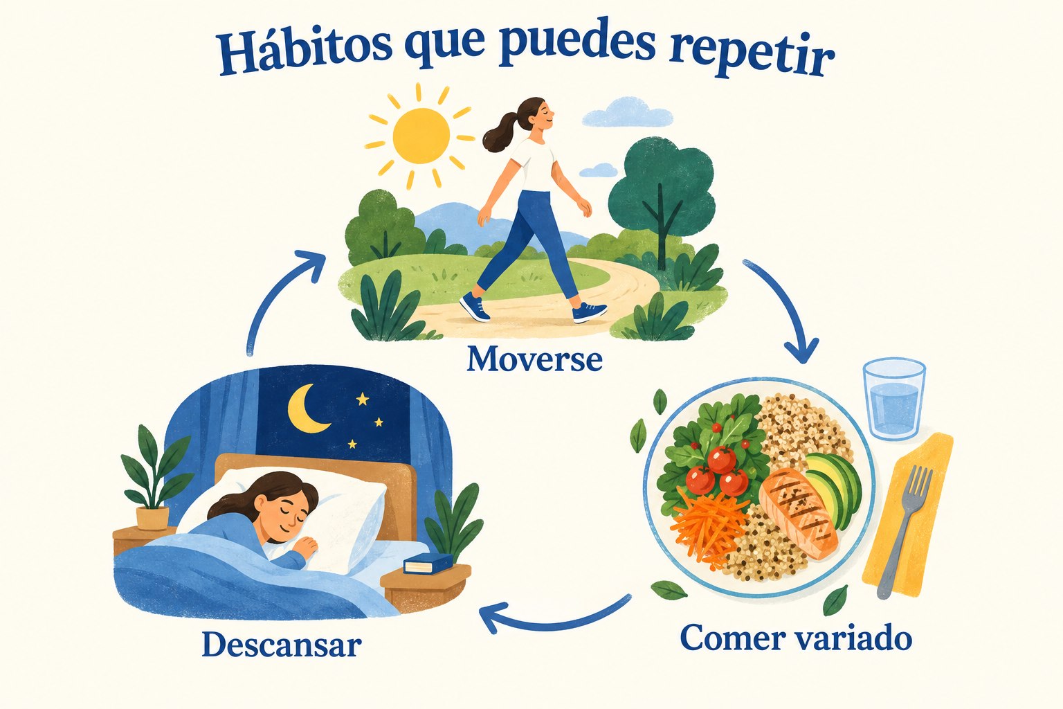 Rutina ilustrada con tres hábitos: moverse, comer variado y descansar