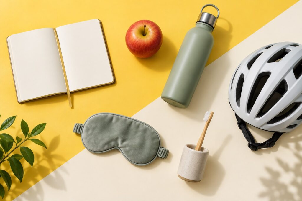 Cuaderno, agua, manzana, antifaz y casco de bicicleta sobre un fondo amarillo