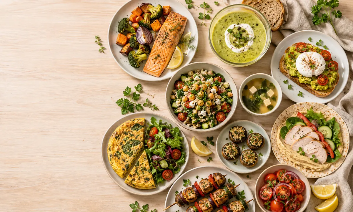 Vista cenital con 10 ideas de cena ligera: salmón con verduras, crema de calabacín, tostada de aguacate con huevo poché, bowl de quinoa, sopa miso, tortilla, champiñones rellenos, wrap, brochetas y ensalada de tomate