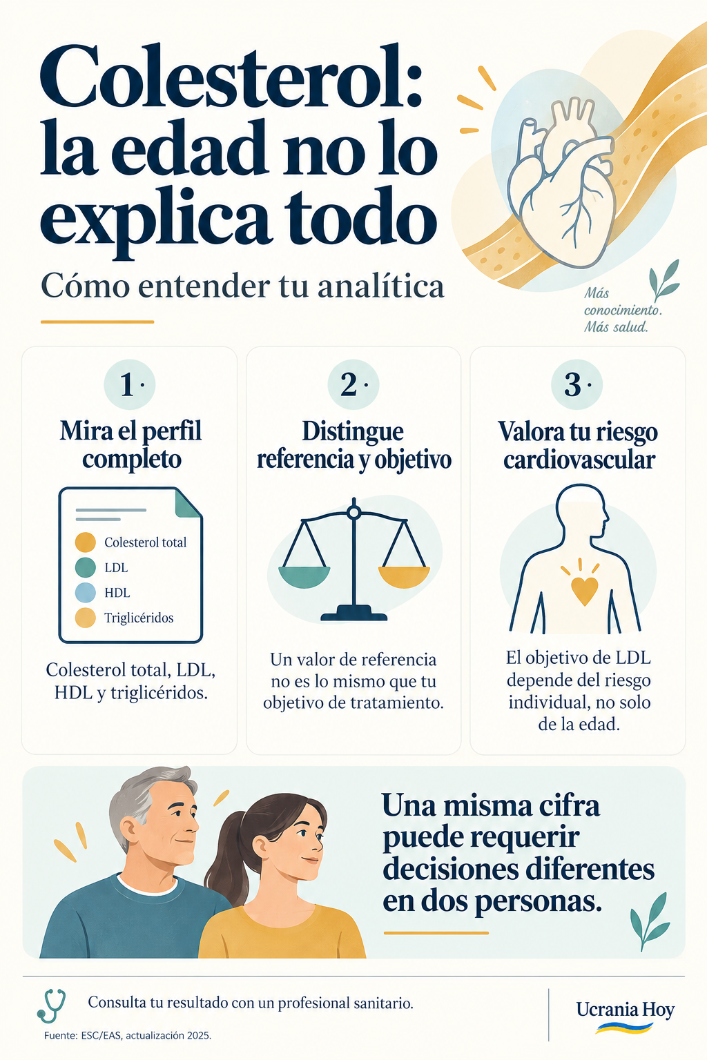Tres claves para entender el colesterol: revisar el perfil completo, distinguir referencia y objetivo y valorar el riesgo cardiovascular