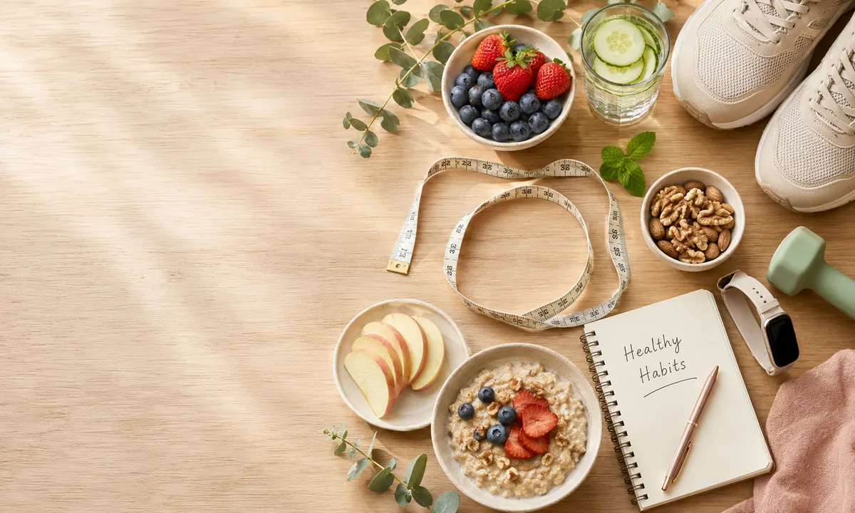Composición de hábitos saludables para el manejo del peso: cuenco de avena con frutas y nueces, fresas y arándanos, manzana, agua con pepino, frutos secos, cinta métrica enrollada, cuaderno «Healthy Habits», pulsera fitness, mancuerna y zapatillas deportivas sobre una mesa de madera clara