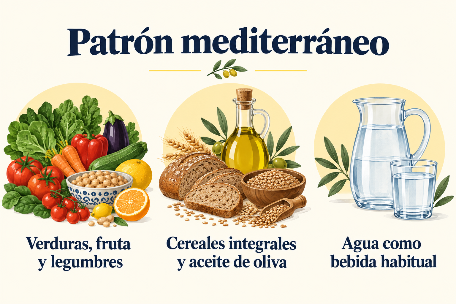 Bases del patrón mediterráneo: alimentos vegetales, cereales integrales, aceite de oliva y agua