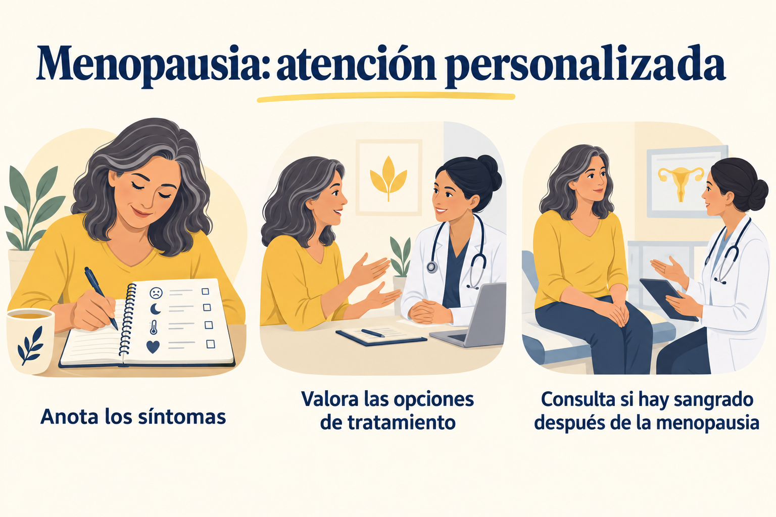 Anotar síntomas, valorar tratamientos y consultar por sangrado después de la menopausia