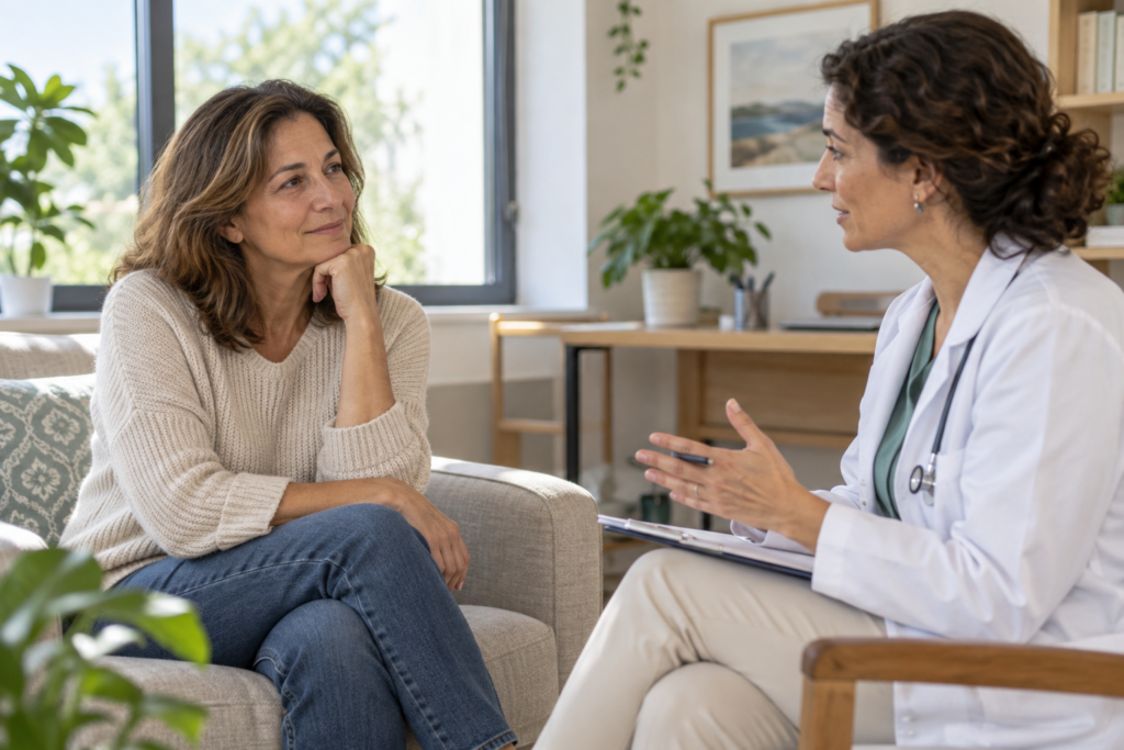Mujer hablando con una profesional sanitaria sobre síntomas de menopausia