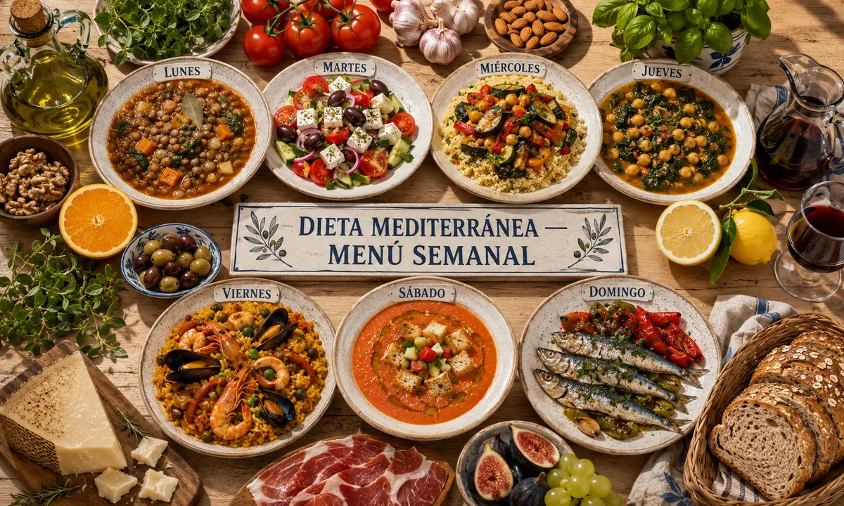 Menú semanal completo de dieta mediterránea con 7 platos españoles tradicionales: lentejas estofadas, ensalada mediterránea, cuscús con verduras, garbanzos con espinacas, paella, gazpacho y sardinas con pimientos