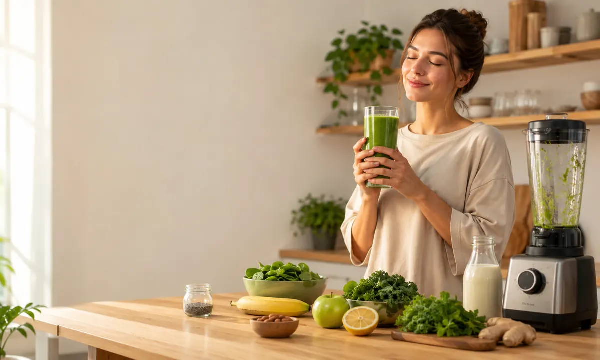 Mujer joven con camisa beige sosteniendo un vaso alto de batido verde en una cocina luminosa con espinacas, kale, plátano, manzana, limón, chía, almendras, jengibre y batidora de alta potencia
