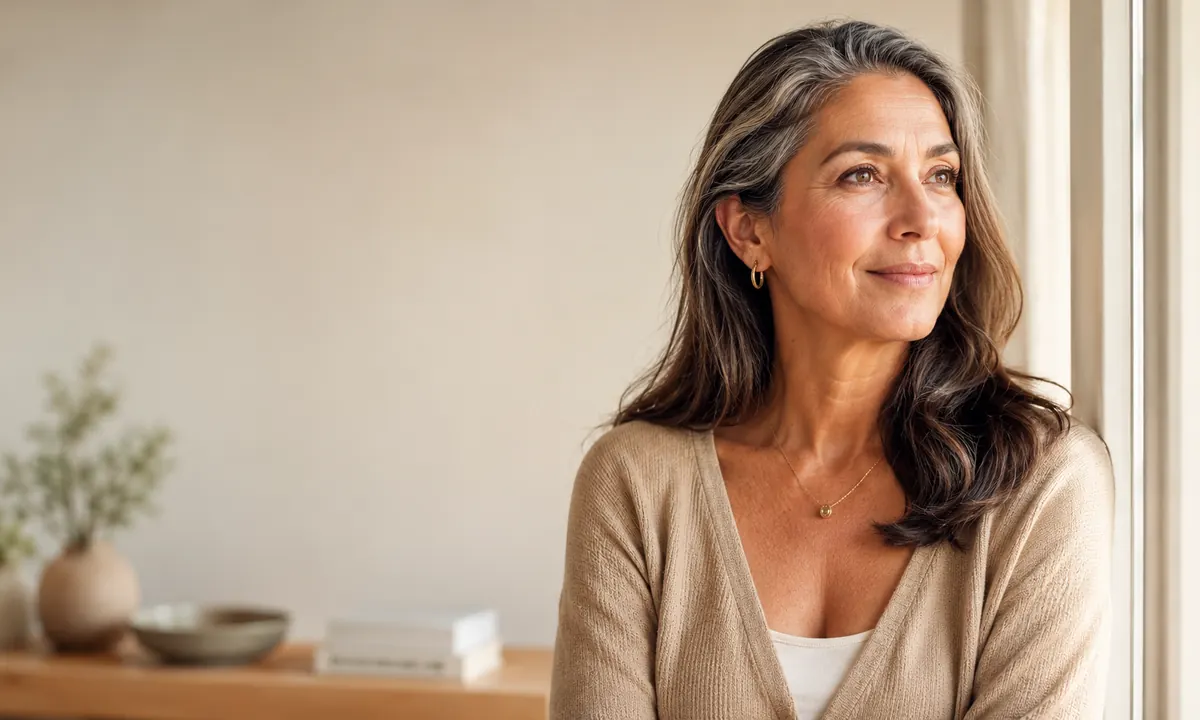Mujer mediterránea madura de unos 50 años con canas naturales, expresión serena, mirando hacia la ventana con luz cálida, vestida con cárdigan beige en un hogar minimalista