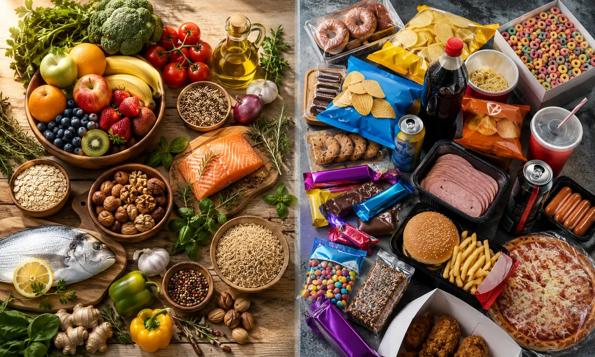 Comparación entre alimentos naturales (frutas, verduras, pescado, frutos secos, aceite de oliva) y alimentos ultraprocesados (refrescos, bollería, snacks, comida rápida, embutidos)