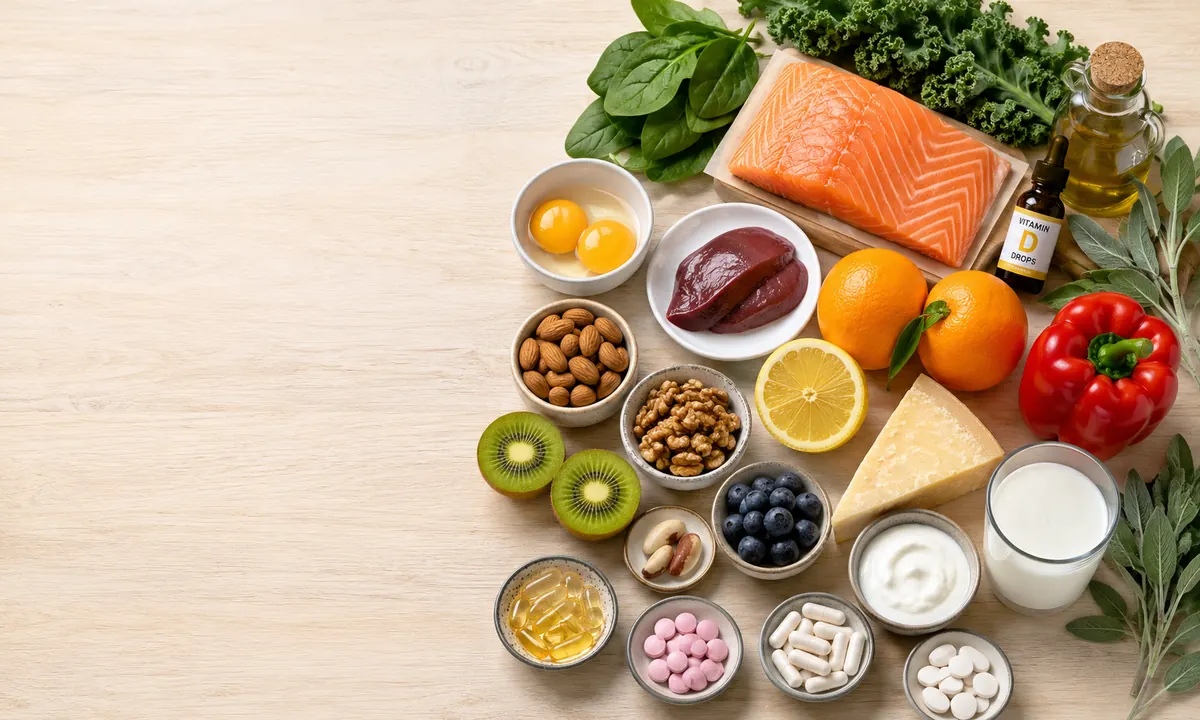 Vista cenital de alimentos ricos en vitaminas para la menopausia: salmón, hígado, yemas, kale, espinacas, naranjas, limón, kiwi, pimiento, queso curado, leche, yogur, almendras, nueces, arándanos, nueces de Brasil, junto a suplementos de vitamina D, omega-3 y multivitamínicos