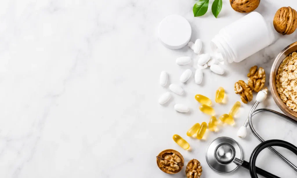Pastillas para el colesterol: comprimidos blancos farmacéuticos junto a cápsulas de omega-3, nueces, avena y un estetoscopio sobre mármol blanco