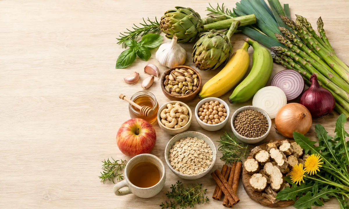 Vista cenital de alimentos prebióticos: alcachofas, puerros, espárragos, ajo, cebollas, plátano verde y maduro, manzana, pistachos, anacardos, garbanzos, lentejas, avena, miel cruda, raíz de achicoria y diente de león