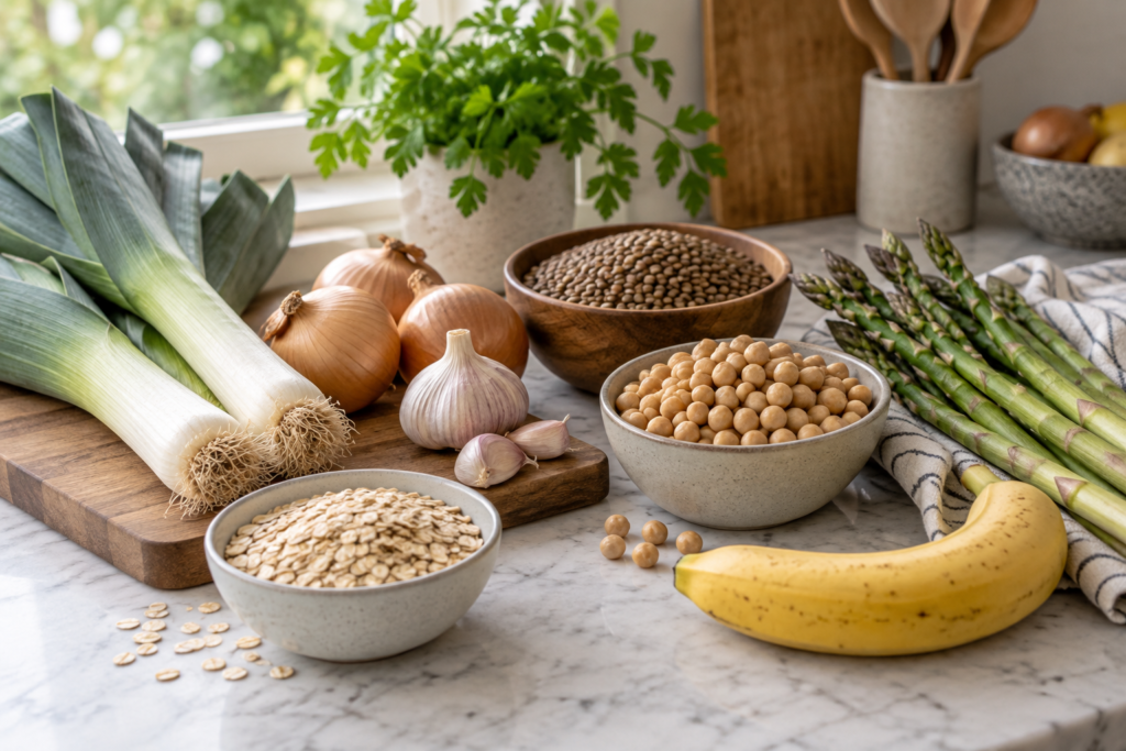 Puerro, cebolla, ajo, avena, legumbres, espárragos y plátano