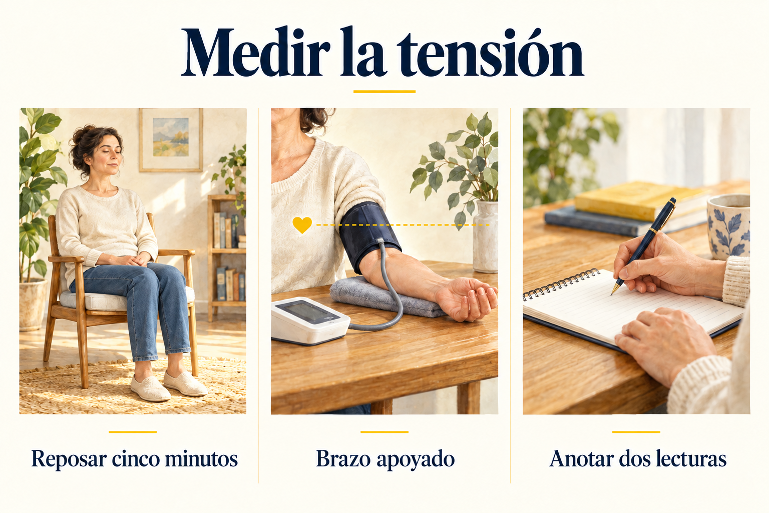 Medir la presión con reposo, brazo apoyado y dos lecturas separadas