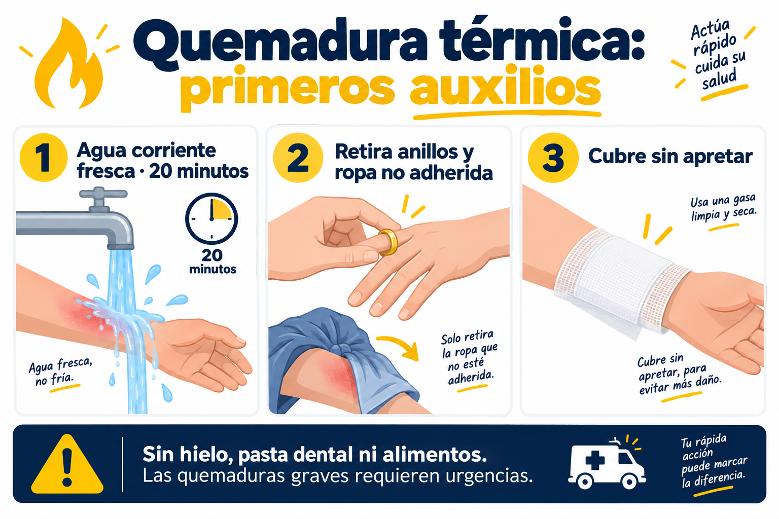 Pasos iniciales ante una quemadura térmica