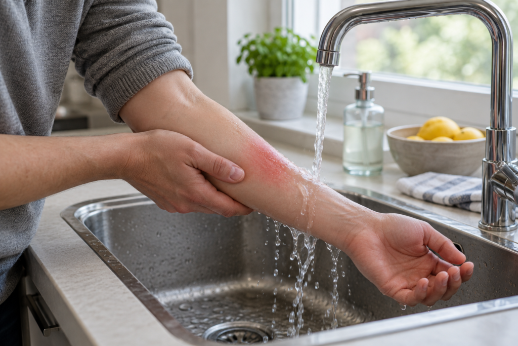 Enfriamiento de una quemadura leve del antebrazo bajo agua corriente