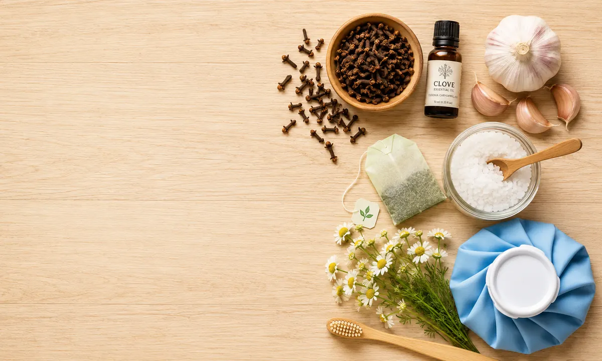 Remedios caseros para el dolor de muela: clavos de olor, aceite esencial, ajo, sal marina, té verde, manzanilla, bolsa de hielo y cepillo dental sobre madera clara